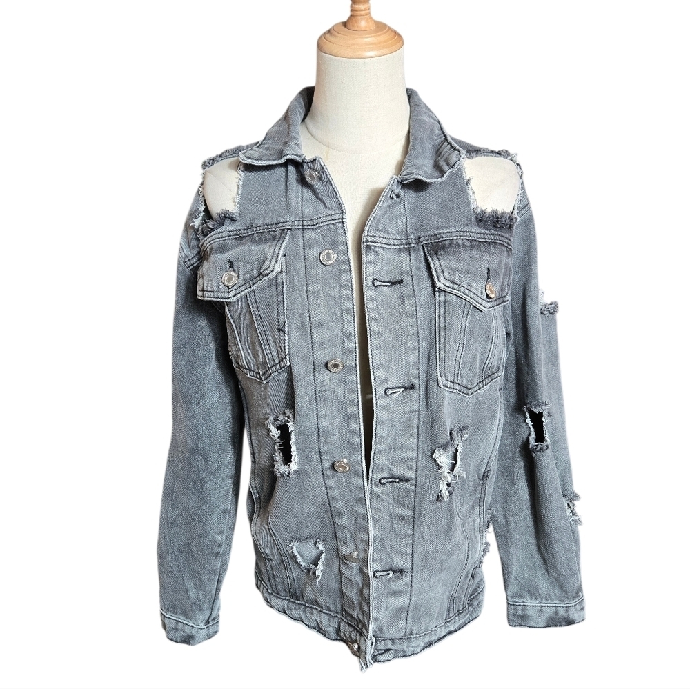 Distressed Thrashed Black Gray Denim Jacket